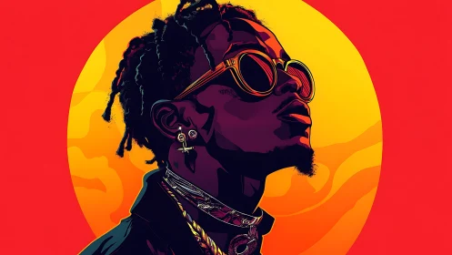 Stylized portrait of man in sunglasses before circular sun.