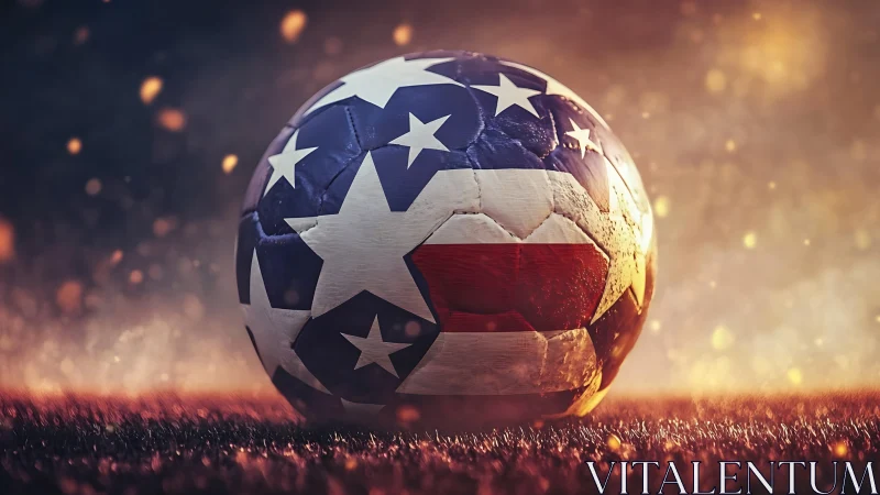 Star-spangled soccer ball waits in a glowing twilight haze