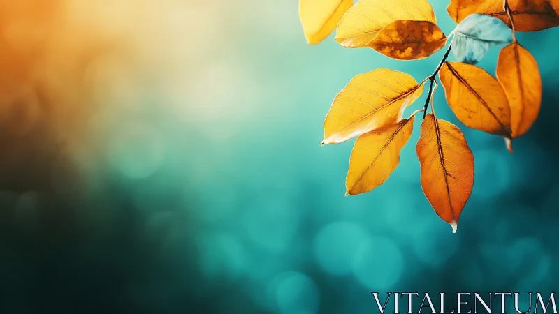Orange leaves are shown against a teal bokeh background