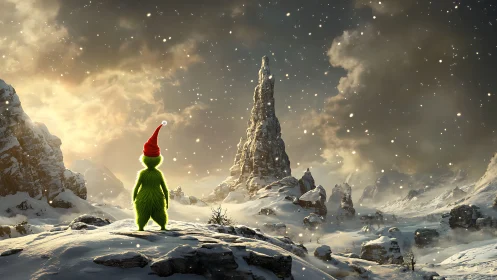 Green furred figure in red hat surveying snowy spire landscape