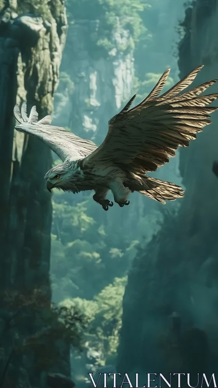 Digital painting of a mythical eagle gliding through misted cliffs.