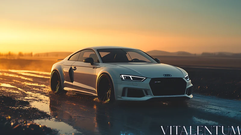 Sunset highway pause with a sleek white sports coupe.