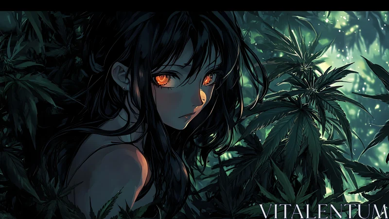 Mystical forest girl with glowing eyes in emerald shadows.
