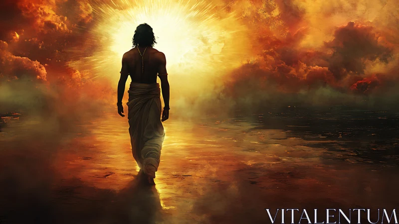 Mystic figure walks toward blinding celestial light portal.