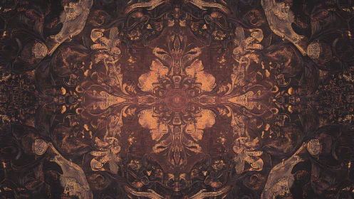 Symmetrical copper patina mandala with ornate baroque filigree