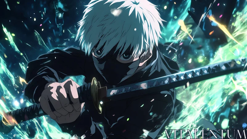 Masked swordsman executes dynamic slash amid luminous debris