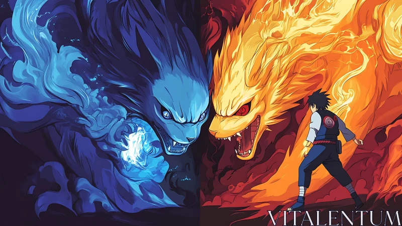 Elemental fox duel dividing blue water and fiery chakra.