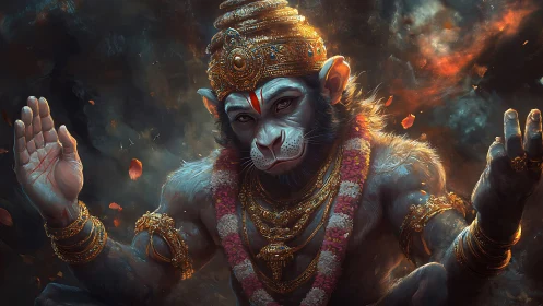 Divine simian deity portrait with ornate gold regalia and garland