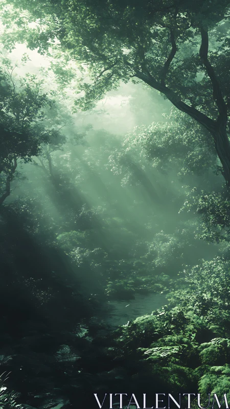 Misty Forest Stream with Dappled Canopy Light