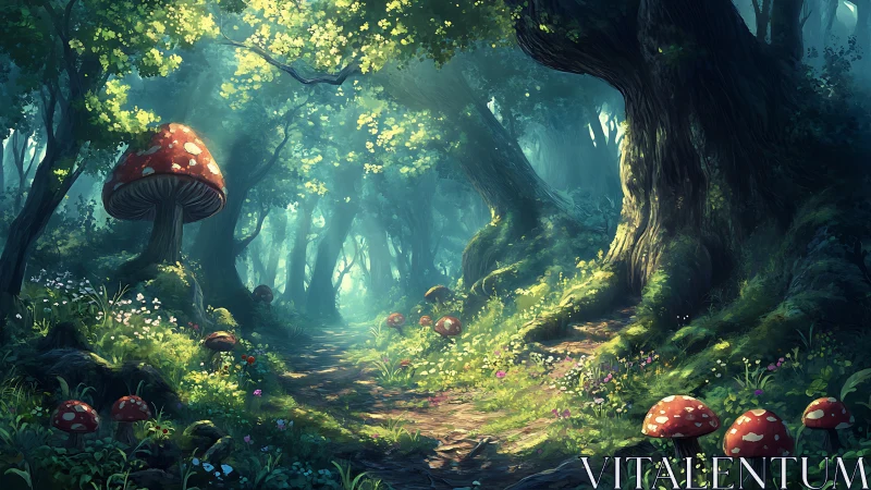 Enchanted Forest Pathway: Bioluminescent Mushrooms and Ancient Trees