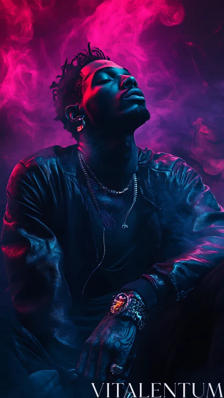 Male figure in neon smoke with high contrast lighting.