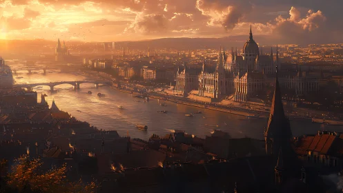 Golden hour river city glows with ornate historic grandeur