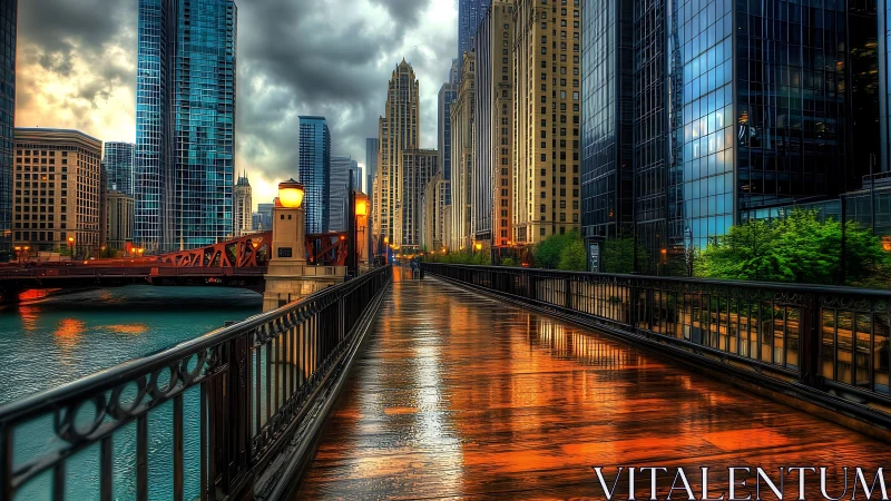 Rain-glossed riverwalk ignites beneath stormlit city towers.