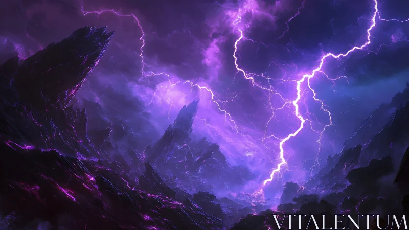Purple lightning storm splits dark alien mountain landscape