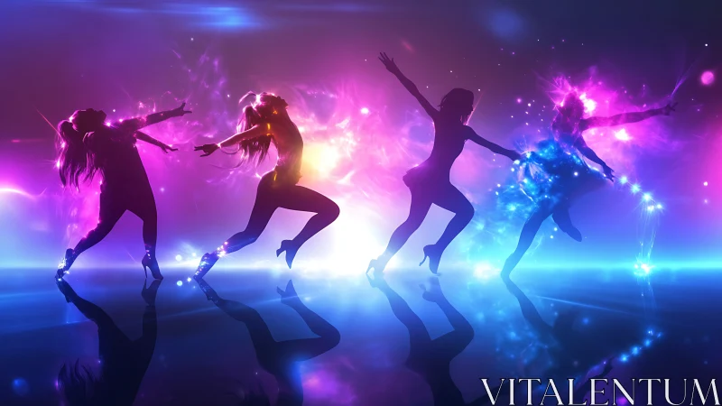 Neon silhouettes leap and dance across a glowing cosmic stage