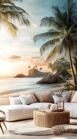 Cozy coastal lounge where sunset waves meet the sofa.