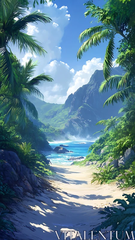 Tropical Island Paradise. Lush Canyon Oasis Framed by Palms.