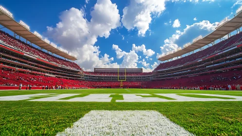 Sunlit football stadium waiting for game day excitement.