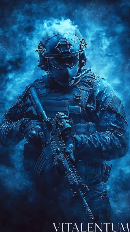 Tactical special forces soldier in blue smoke portrait.