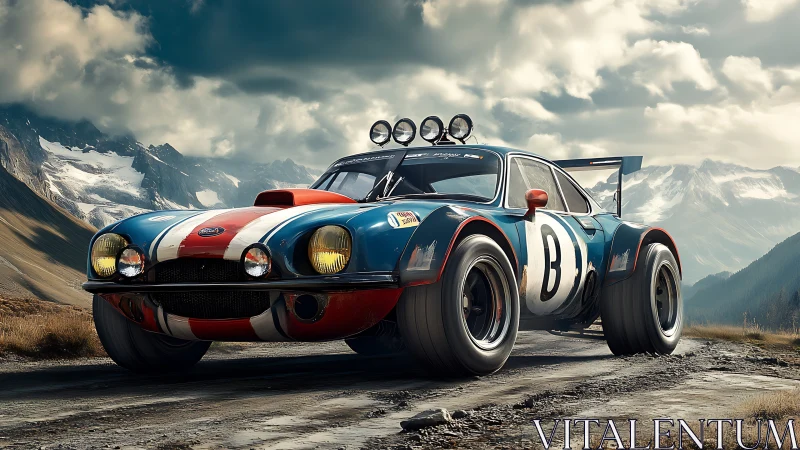 Rally-spec retro race car rendered in hyperreal mountain scene