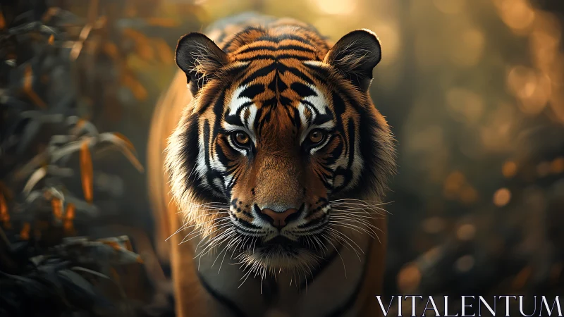 Tiger walks toward camera through dimly lit forest undergrowth