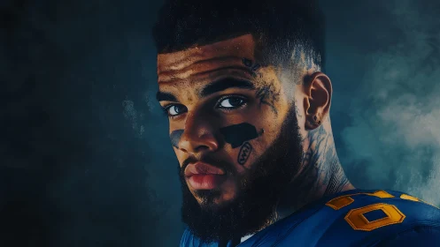 Photorealistic gridiron portrait with dramatic chiaroscuro lighting.