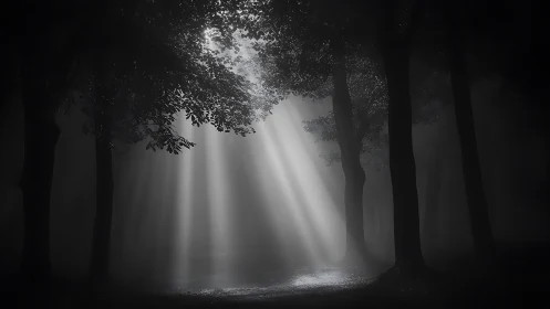 Moonlit forest breathes silver stairways through the fog