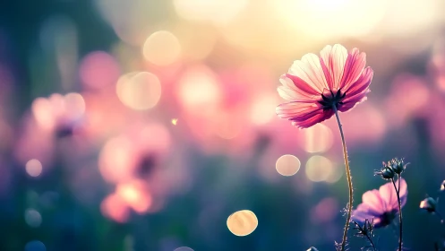 Backlit pink cosmos flower glows against dreamy bokeh field