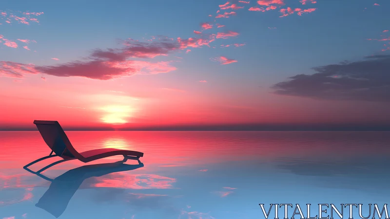 Single deck chair is positioned over reflective water at sunset