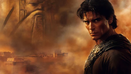 Brooding desert warrior amid ancient colossal ruins.