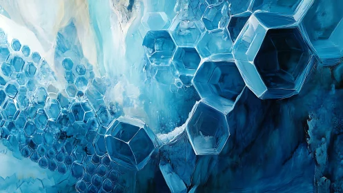 Geometric blue crystalline cells within abstract ice field.