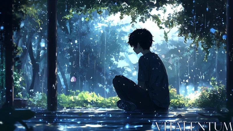 Solitary boy in rain-swept veranda rendered in moody anime lighting