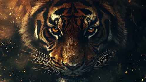 Low-key close-up tiger portrait with high-contrast rim lighting and ember-like particles
