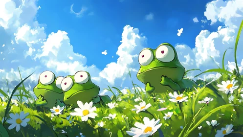 Cartoon frogs gaze across daisy meadow under vivid sky.