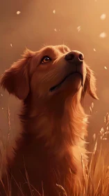 Golden retriever gazes upward in warm sunset glow