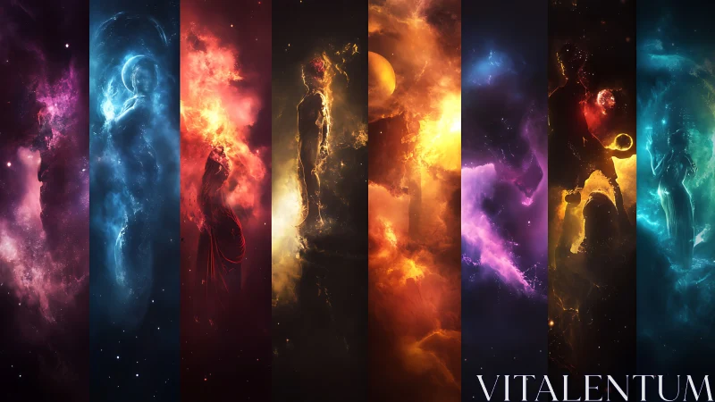 Celestial silhouettes ignite a cosmic spectrum of divine energy