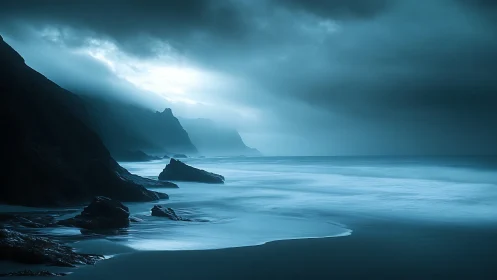 Moody blue coastline invites quiet reflection in soft misty light