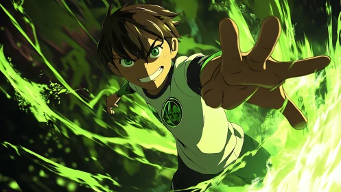 Kinetic anime hero with emerald energy vortex dynamics.