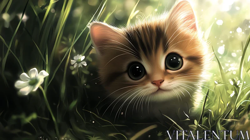 Rendered feline subject positioned within natural grass and botanical environment