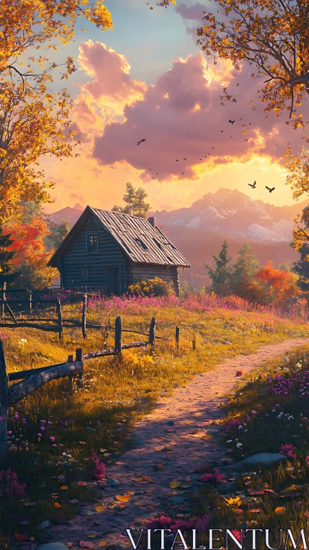 Golden sunset warms a cozy cabin on a quiet country path