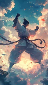 Skybound martial artist punching dawn into existence.