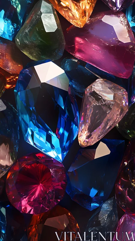 Multiple faceted gemstones occupy a tightly framed composition