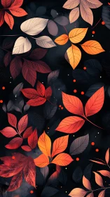 Autumn foliage pattern displays vivid leaves on deep black ground