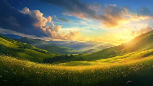 Sunlit mountain valley glows under dramatic storm clouds.