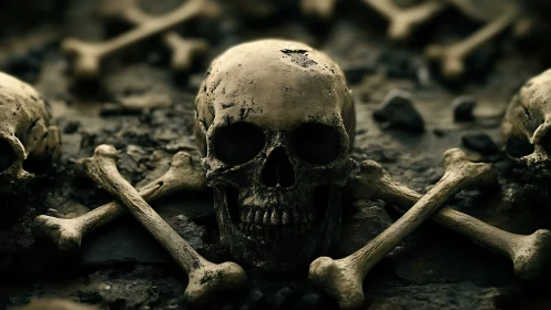 Cranial ossuary array with crossbones under low diffuse lighting.