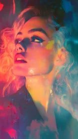 Neon lit portrait of woman with vivid abstract colors.