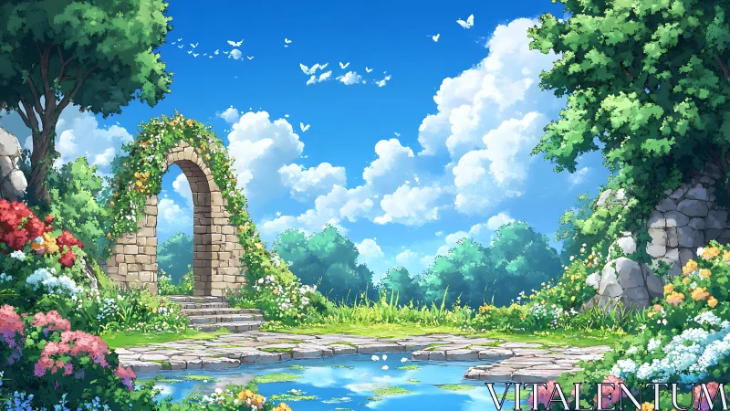 Sunlit stone garden arch opens onto a serene pond sanctuary