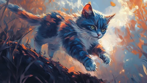 Blue and Orange Kitten in Autumn Wilderness.