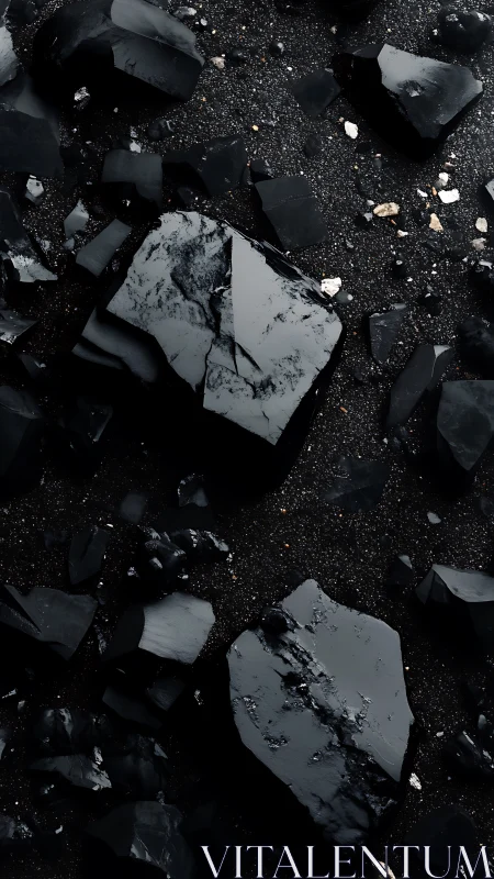 Shattered obsidian slabs on granular midnight ground.
