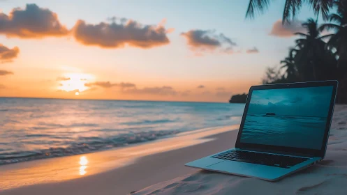 Laptop on tropical beach at vivid orange sunset horizon.